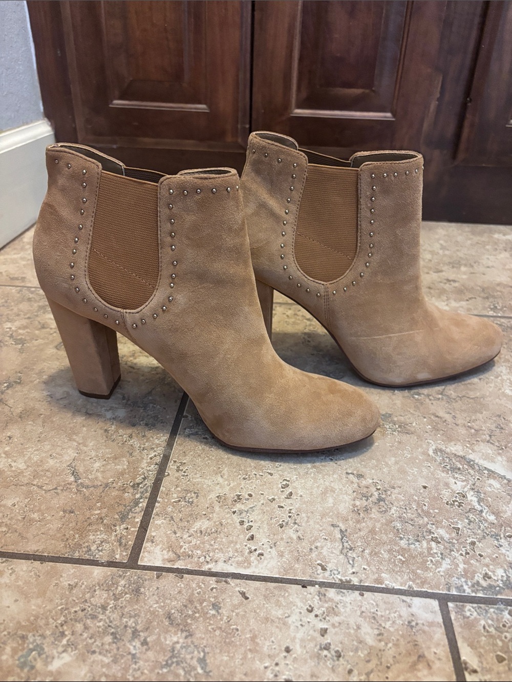 Ralph Lauren Tan Suede Studded Chelsea Booties